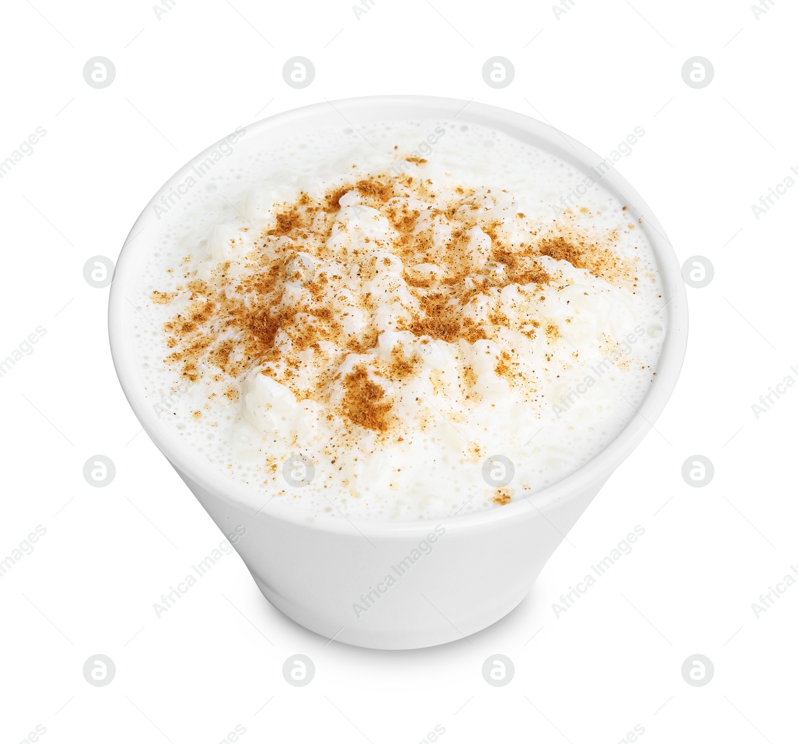 Photo of Delicious rice pudding with cinnamon isolated on white