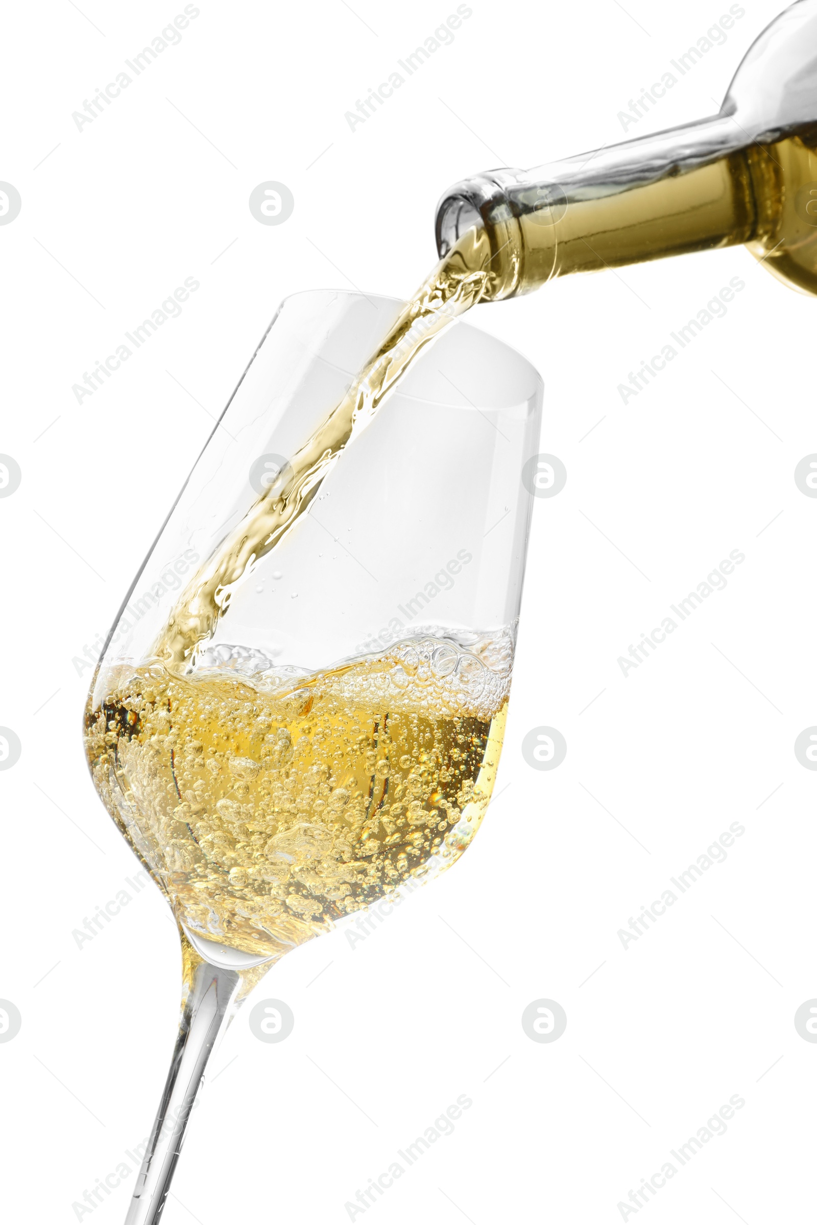 Photo of Pouring wine into glass isolated on white