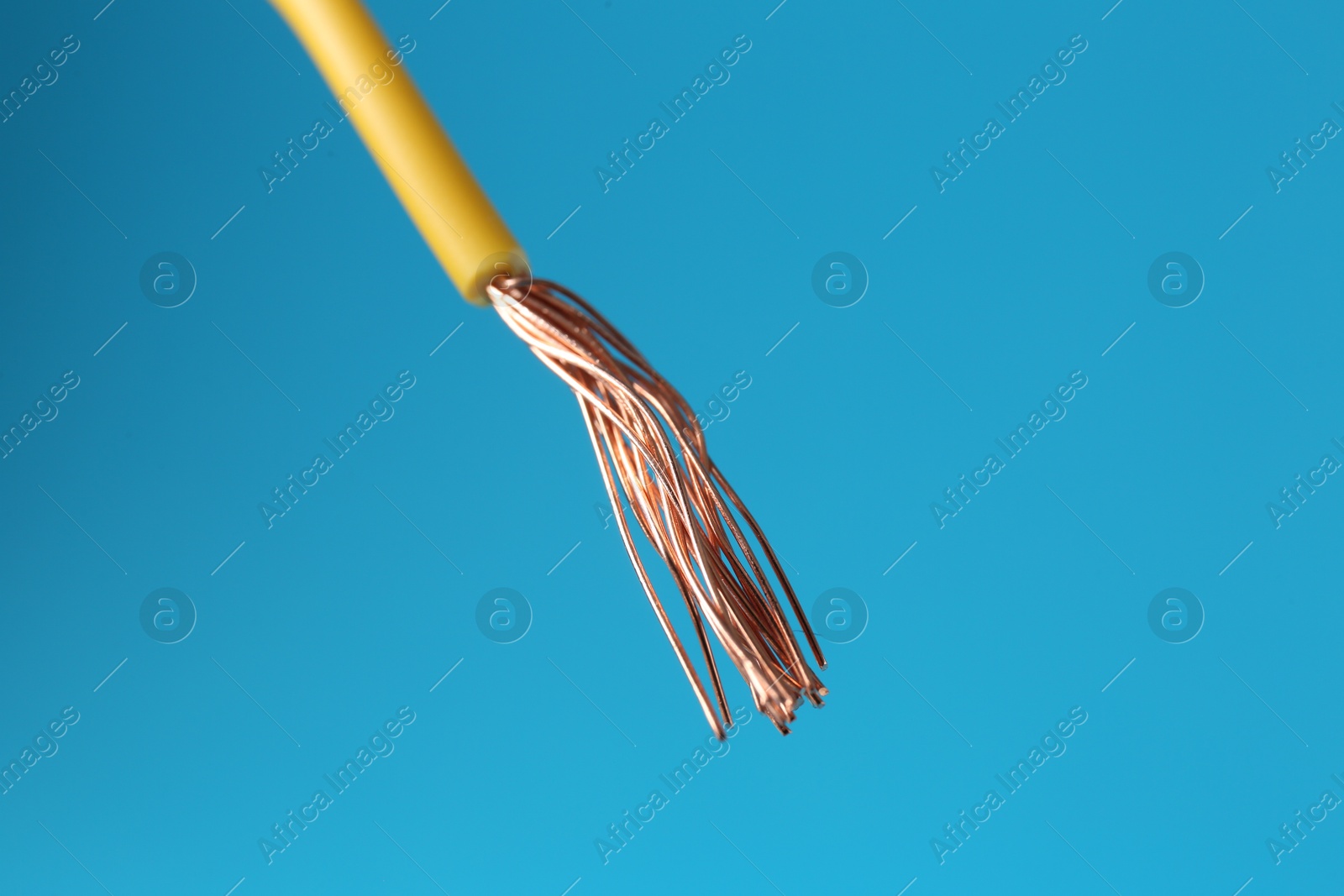 Photo of Stripped electrical wire with copper strands on light blue background, closeup