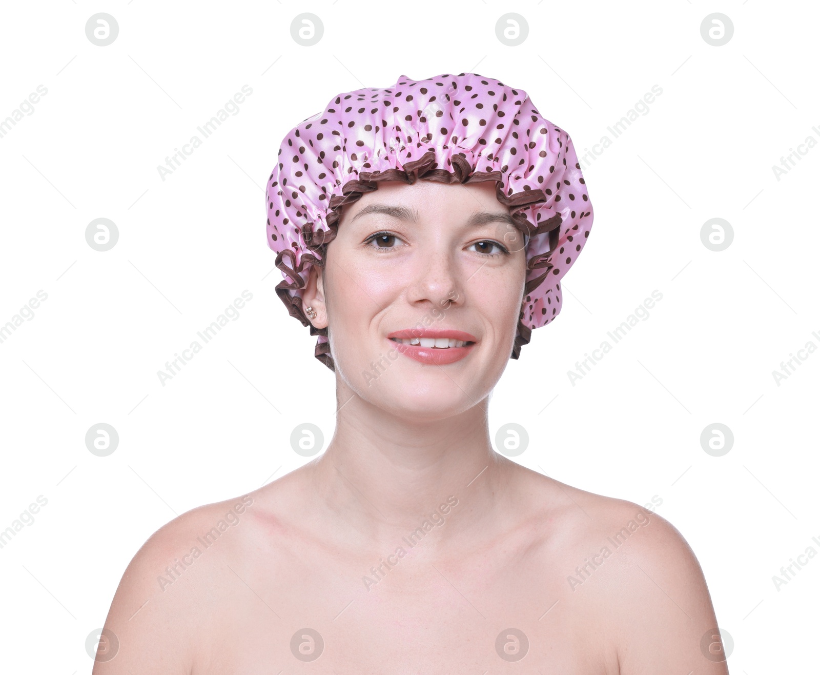 Photo of Woman in pink shower cap on white background