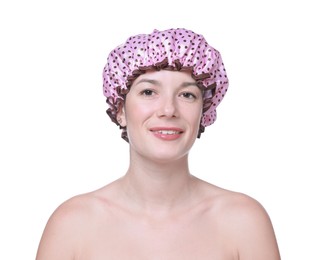 Photo of Woman in pink shower cap on white background