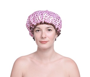 Photo of Woman in pink shower cap on white background