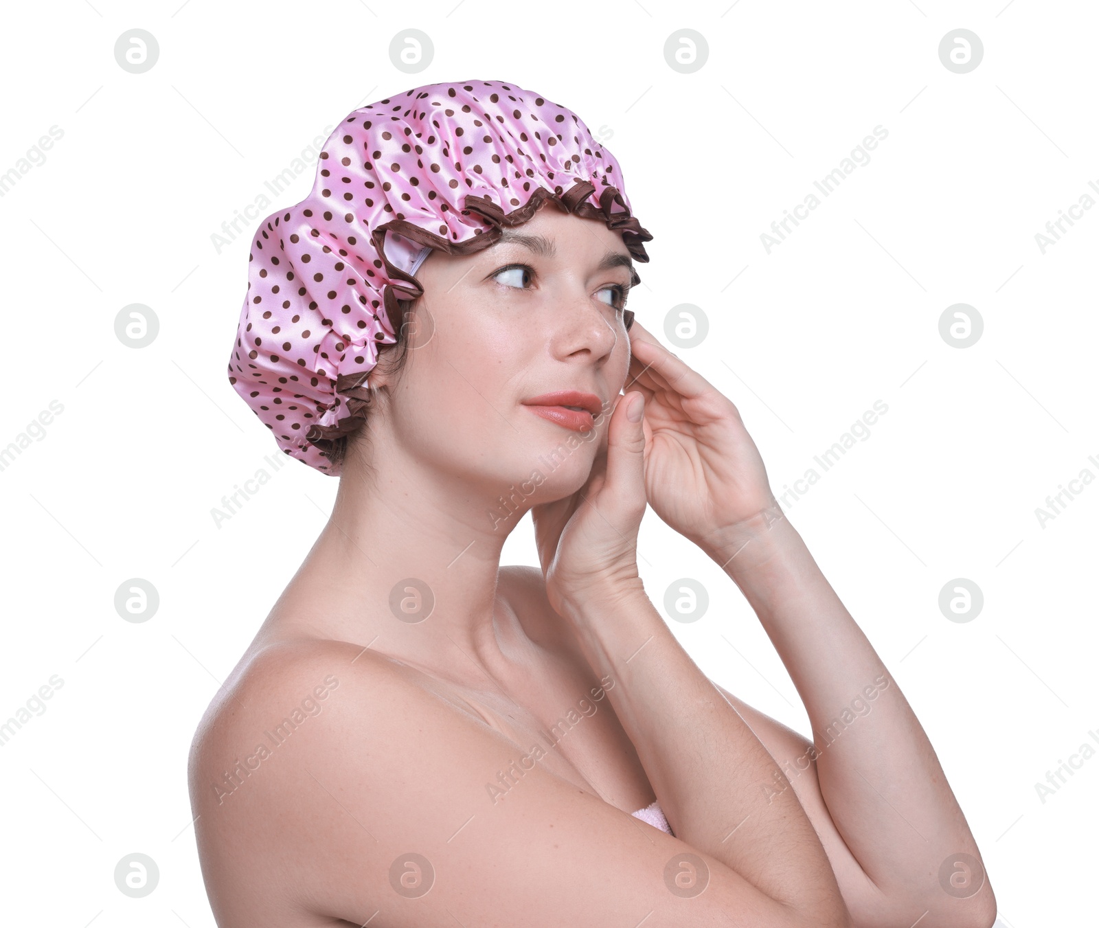 Photo of Woman wearing pink shower cap on white background