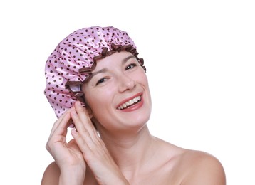 Photo of Woman wearing pink shower cap on white background