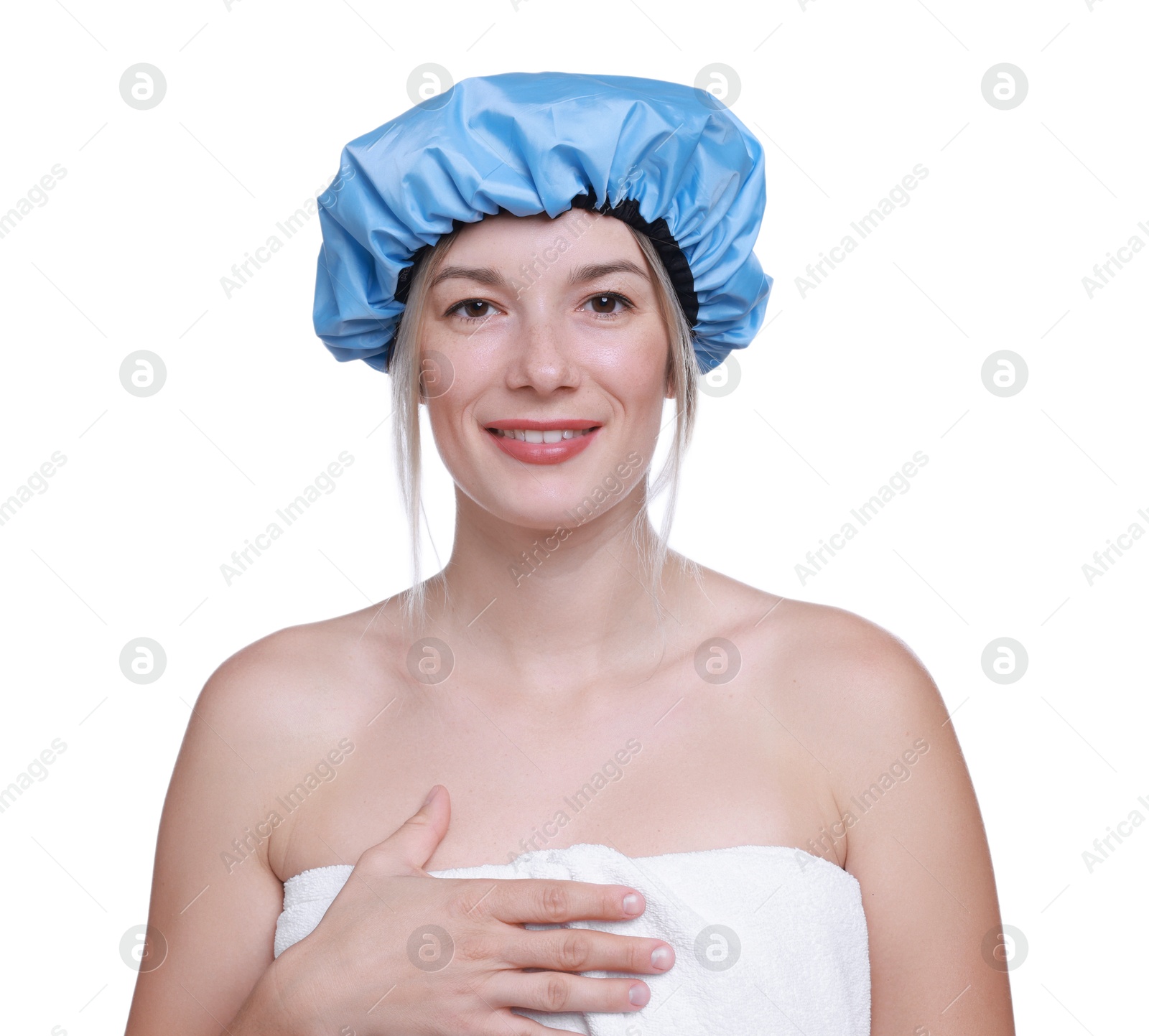 Photo of Woman in blue shower cap on white background