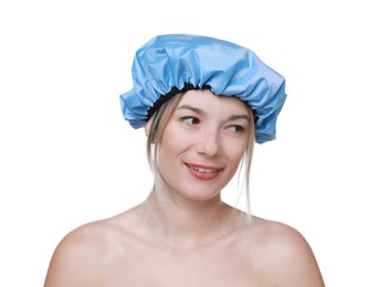 Photo of Woman in blue shower cap on white background