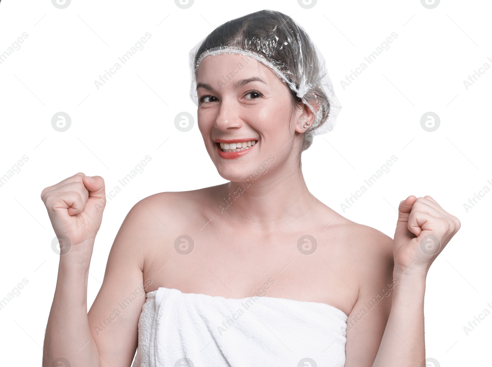 Photo of Woman in shower cap on white background