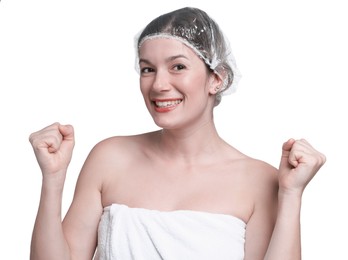 Photo of Woman in shower cap on white background