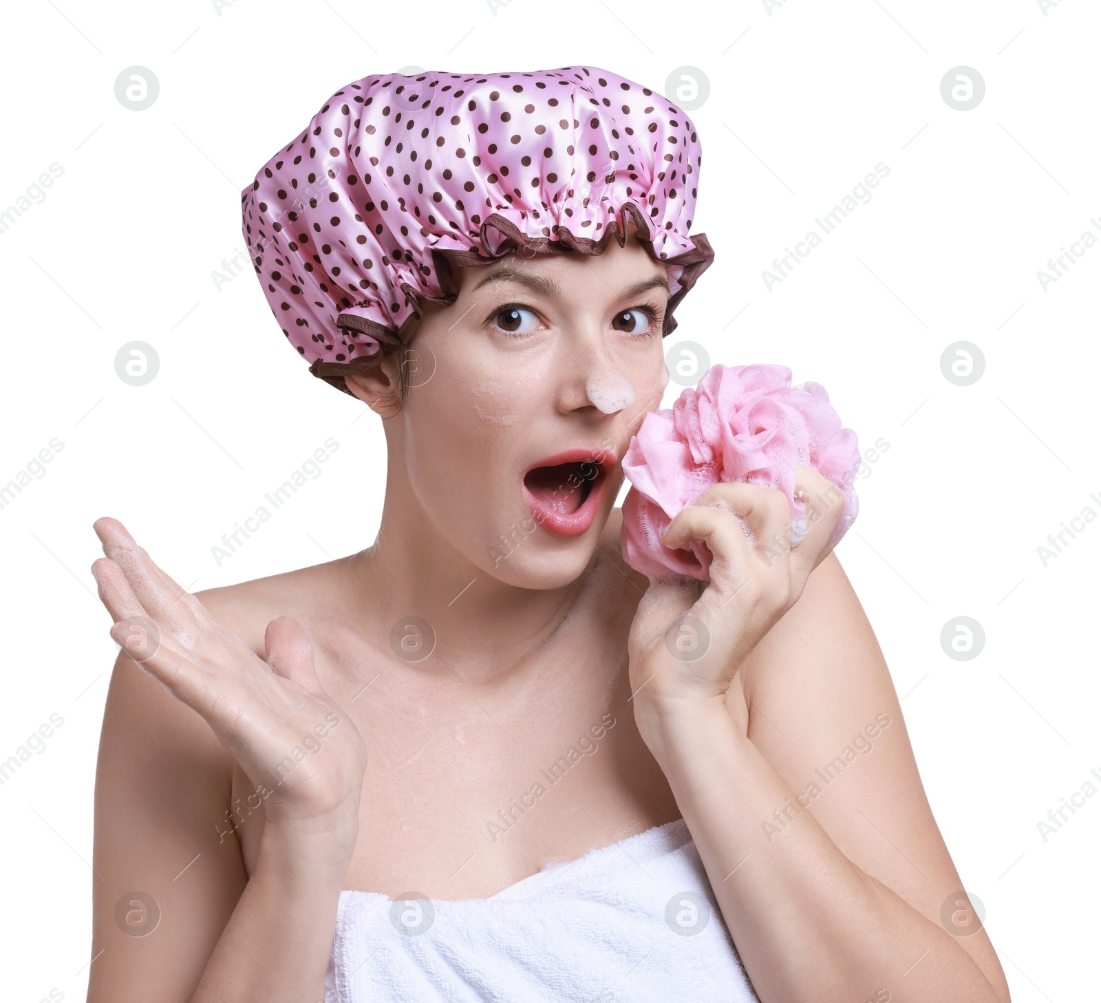 Photo of Woman with shower cap and mesh sponge on white background