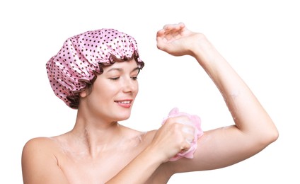 Photo of Woman with shower cap and mesh sponge on white background