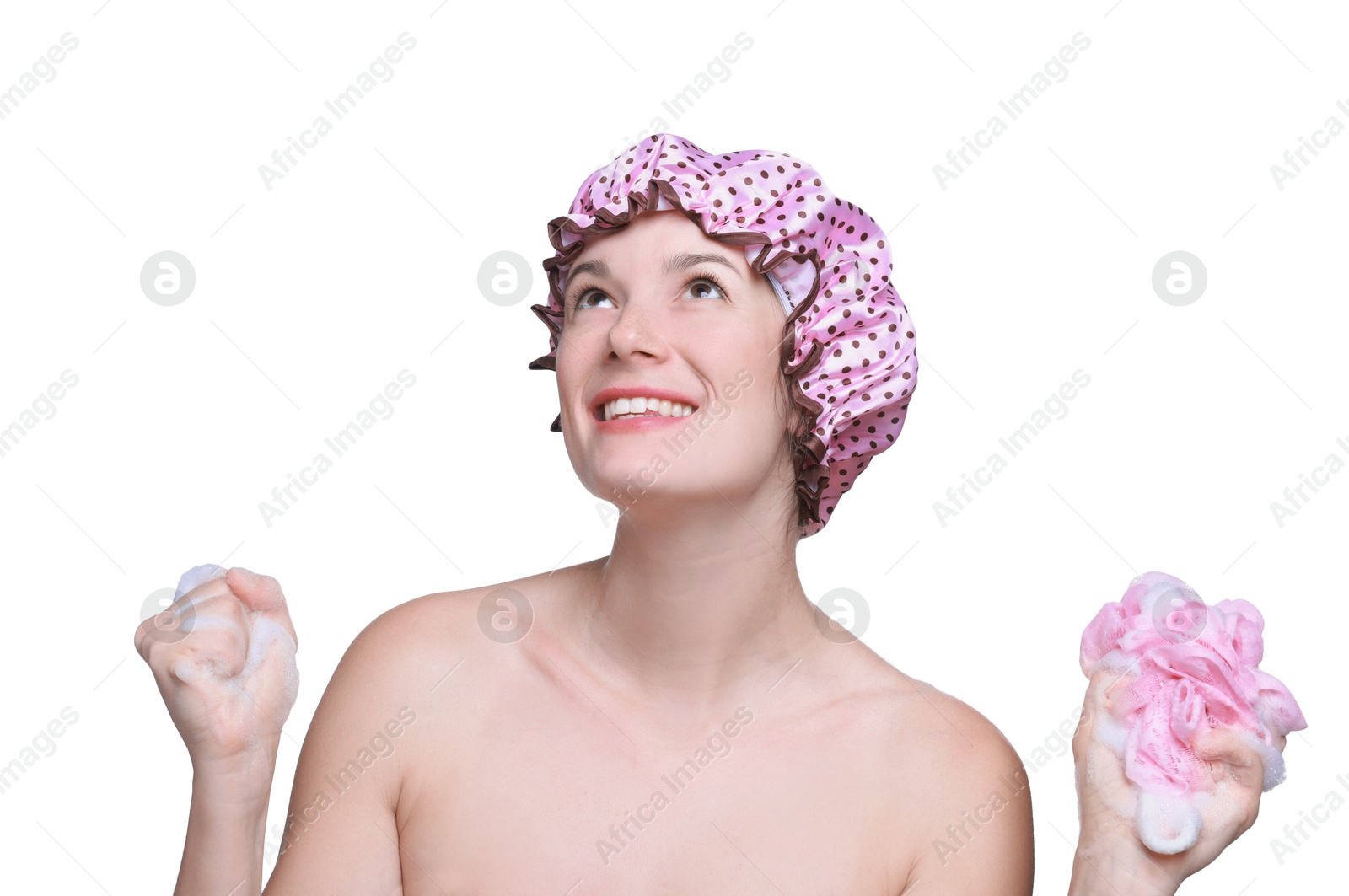 Photo of Woman with shower cap and mesh sponge on white background