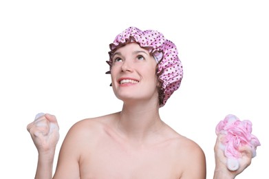 Photo of Woman with shower cap and mesh sponge on white background