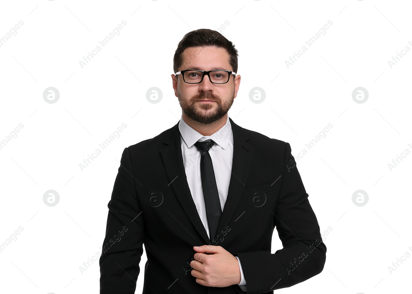 Photo of Portrait of banker in glasses on white background