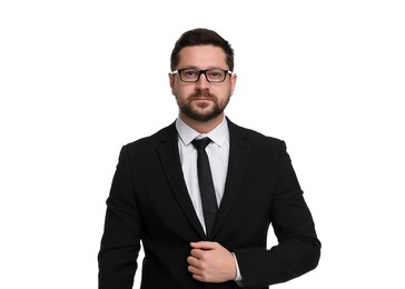 Portrait of banker in glasses on white background