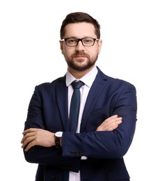 Photo of Portrait of banker in glasses on white background