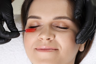 Eyelash extension procedure. Esthetician combing woman's lashes with brush in beauty salon, top view