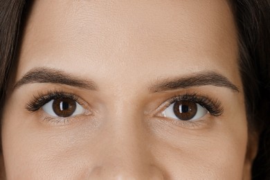 Woman with beautiful long eyelashes, closeup. Eyelash extension procedure