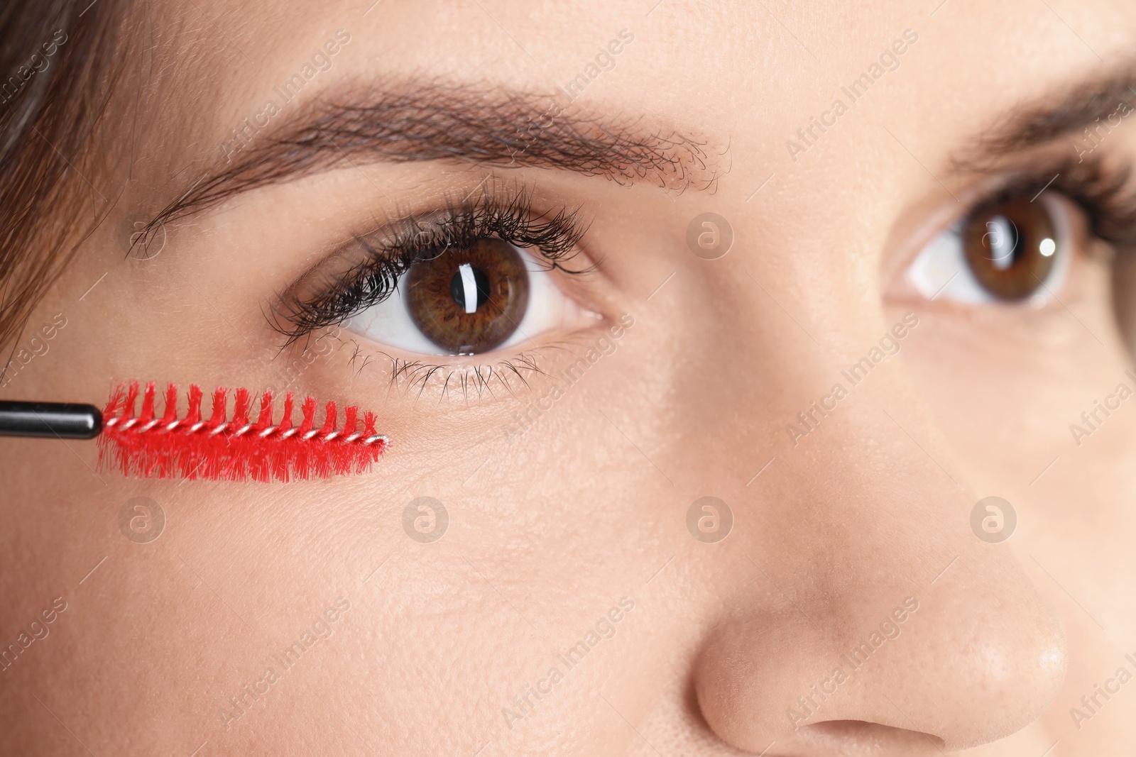 Photo of Eyelash extension procedure. Woman combing lashes with brush, closeup