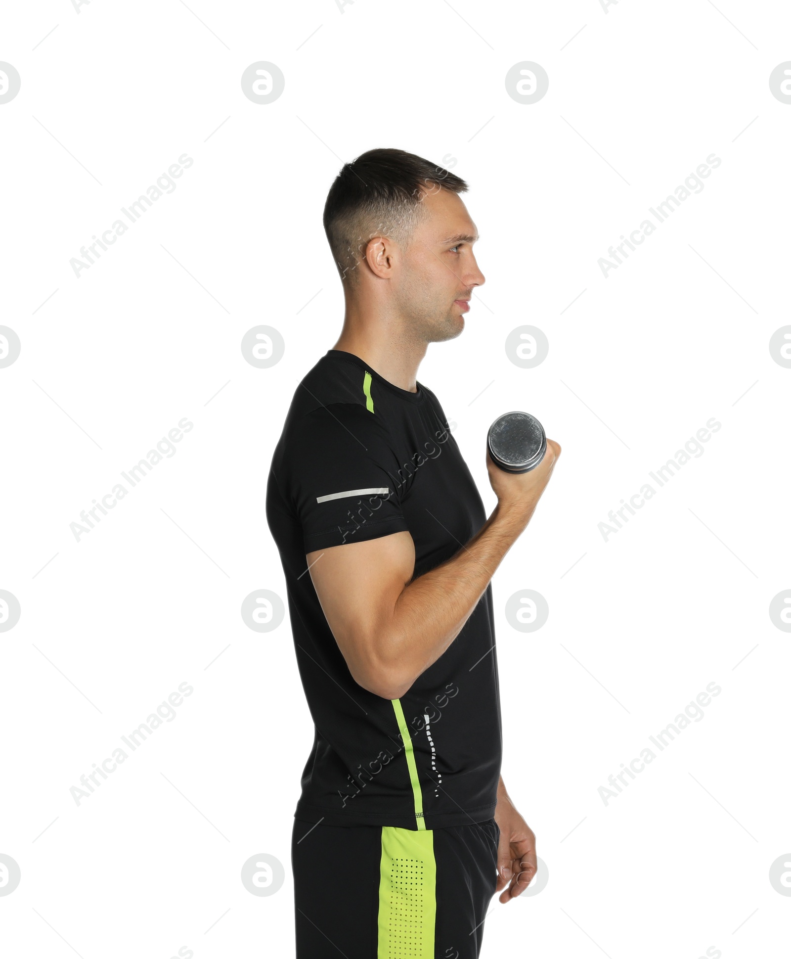 Photo of Man exercising with dumbbell on white background