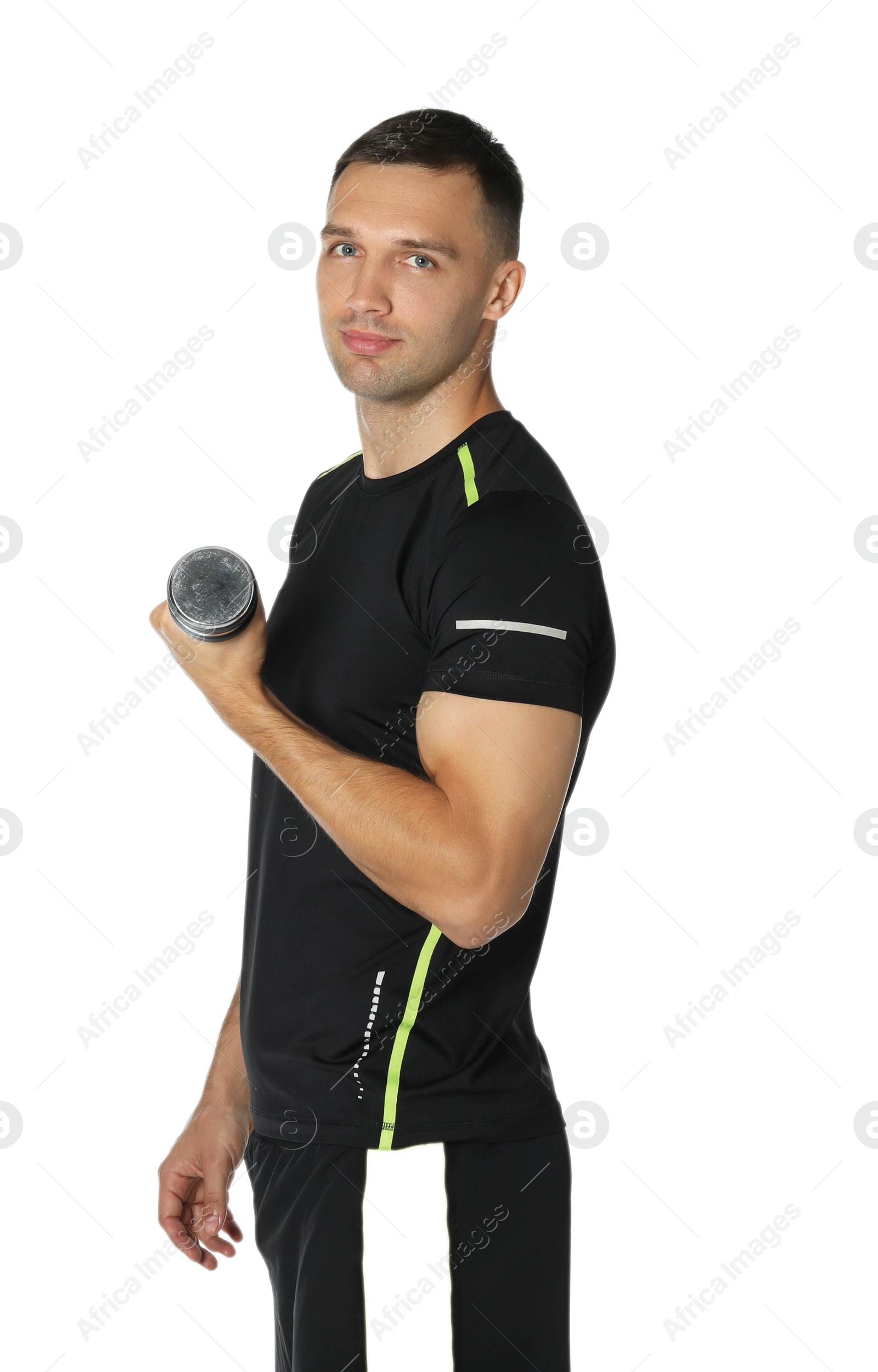 Photo of Man exercising with dumbbell on white background