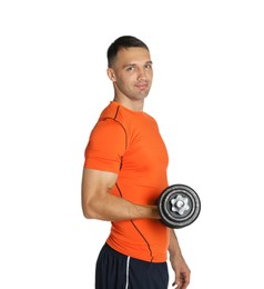 Photo of Man exercising with barbell on white background