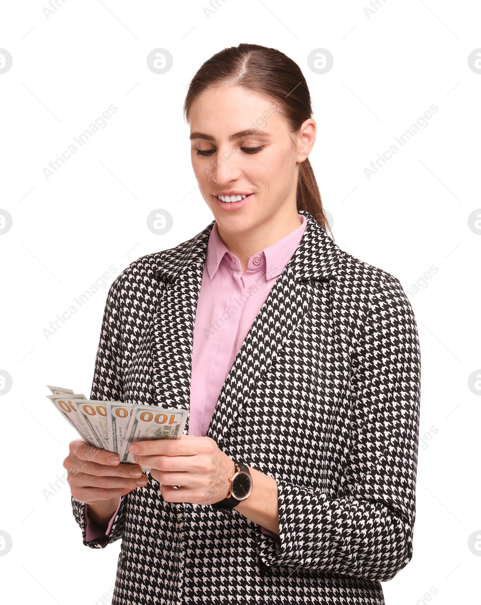 Photo of Banker with dollar banknotes on white background