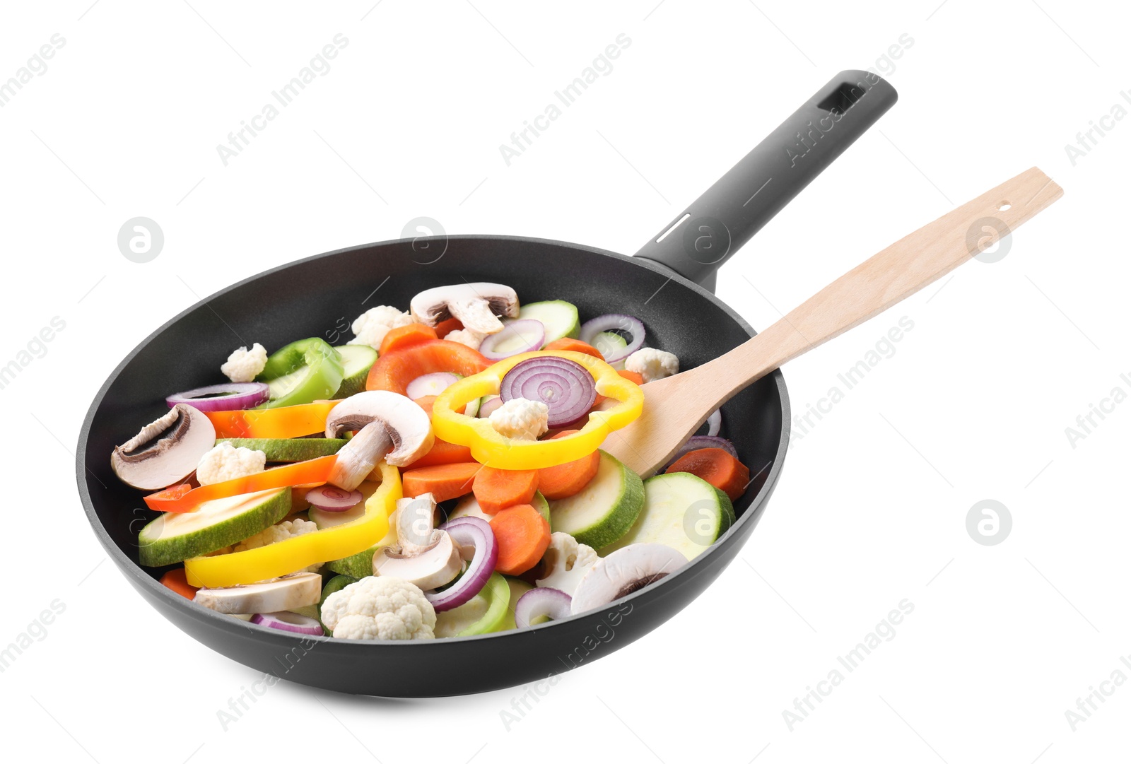 Photo of Frying pan with mix of vegetables and mushrooms in air isolated on white