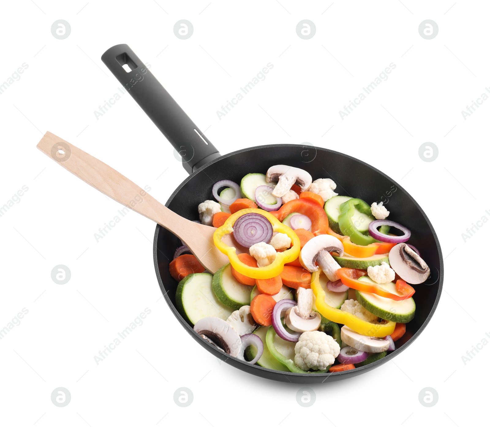 Photo of Frying pan with mix of vegetables and mushrooms in air isolated on white