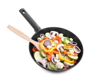 Photo of Frying pan with mix of vegetables and mushrooms in air isolated on white