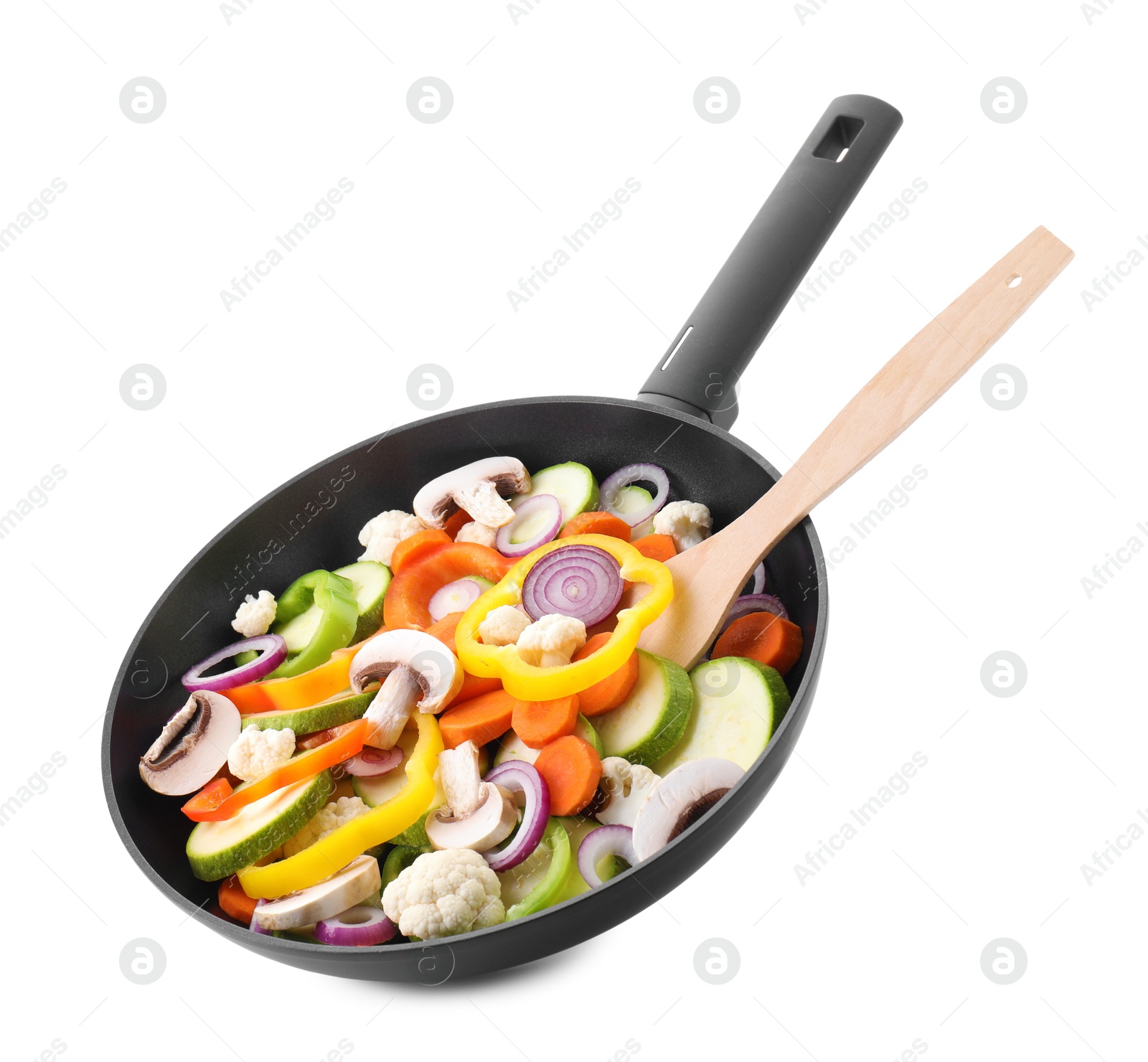 Photo of Frying pan with mix of vegetables and mushrooms in air isolated on white