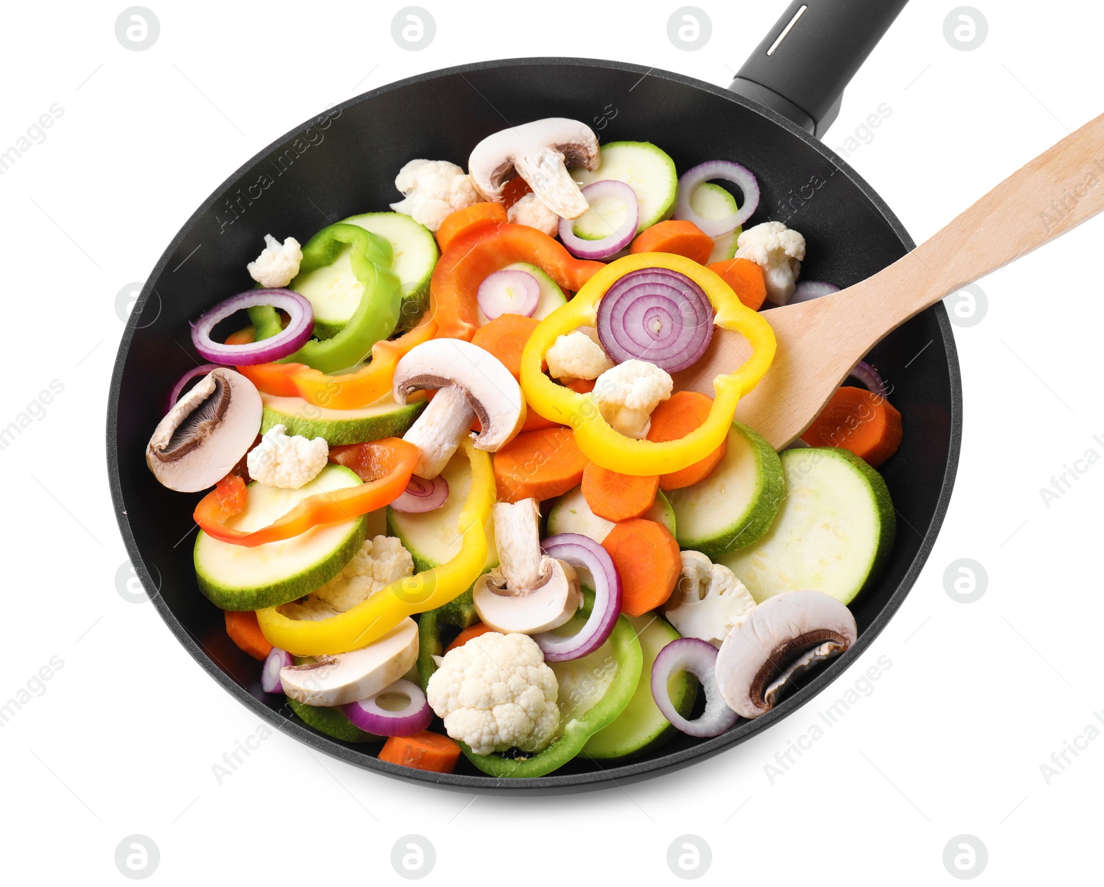 Photo of Frying pan with mix of vegetables and mushrooms in air isolated on white