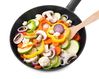 Photo of Frying pan with mix of vegetables and mushrooms in air isolated on white