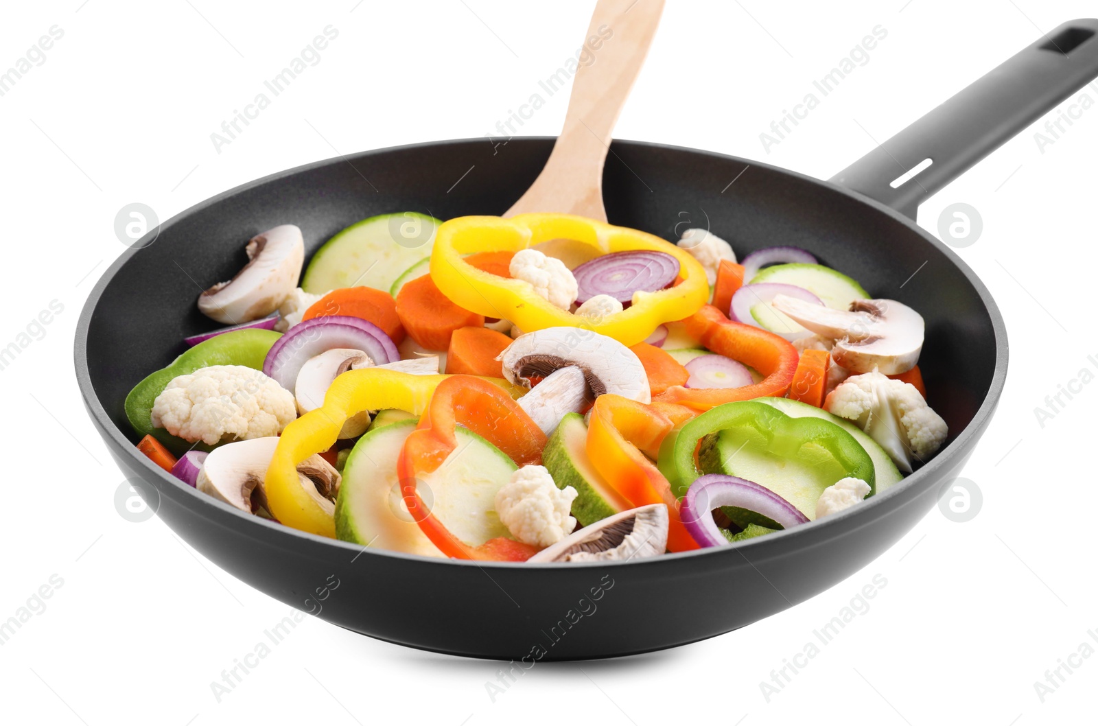 Photo of Frying pan with mix of vegetables and mushrooms in air isolated on white