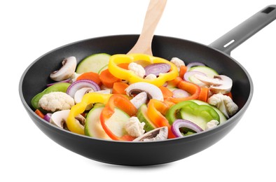 Photo of Frying pan with mix of vegetables and mushrooms in air isolated on white