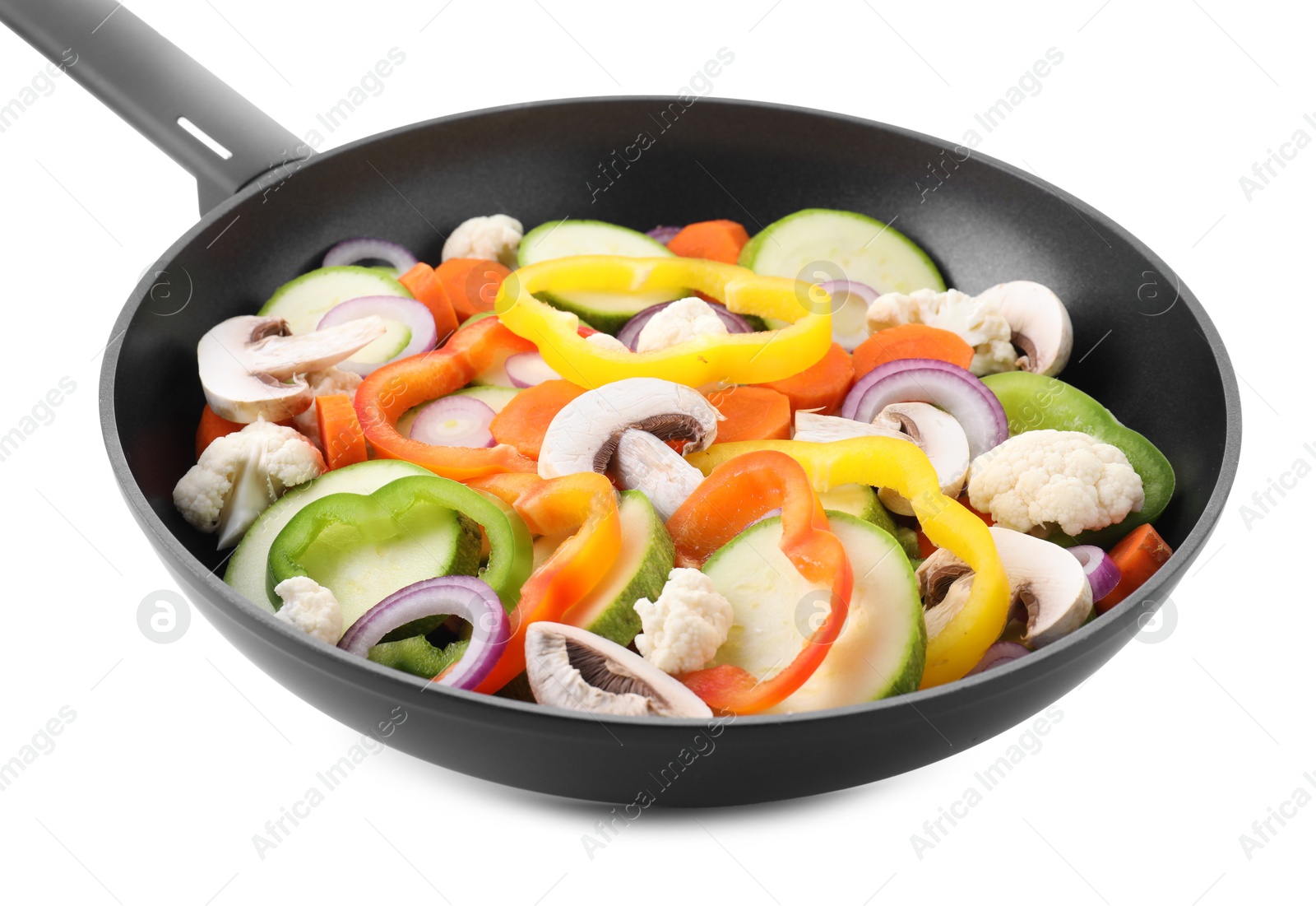 Photo of Frying pan with mix of vegetables and mushrooms in air isolated on white