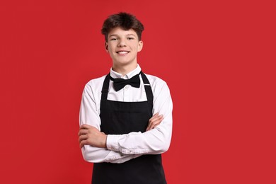 Photo of Teenage boy in apron and bowtie working as waiter on red background