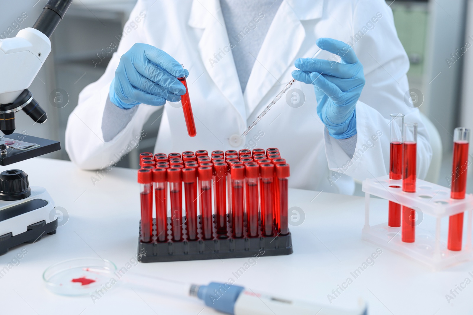 Photo of Laboratory testing. Doctor holding test tube with blood sample and pipette at table indoors, closeup