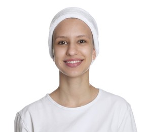 Photo of Teenage girl with acne problem on white background