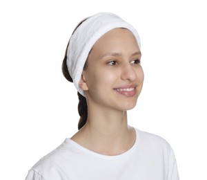 Photo of Teenage girl with acne problem on white background