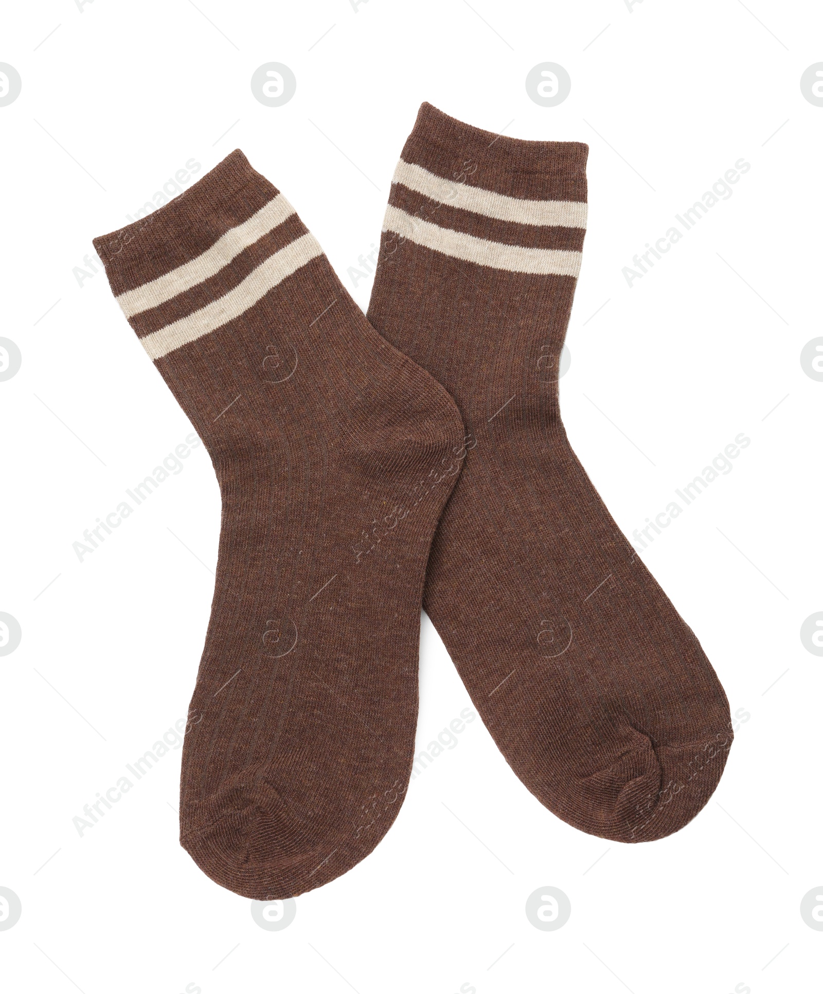 Photo of Pair of soft socks isolated on white, top view