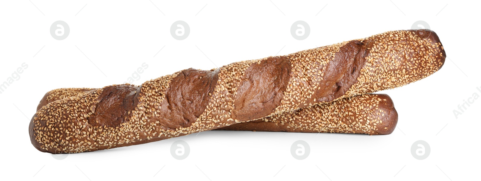 Photo of Fresh baguettes with sesame isolated on white