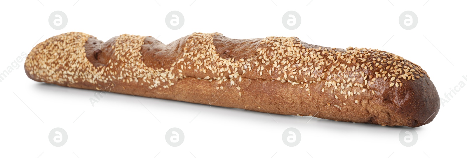 Photo of One fresh baguette with sesame isolated on white