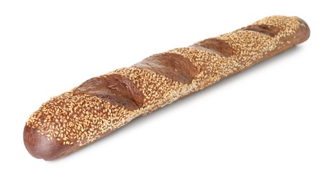 Photo of One fresh baguette with sesame isolated on white