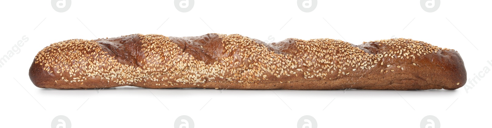 Photo of One fresh baguette with sesame isolated on white