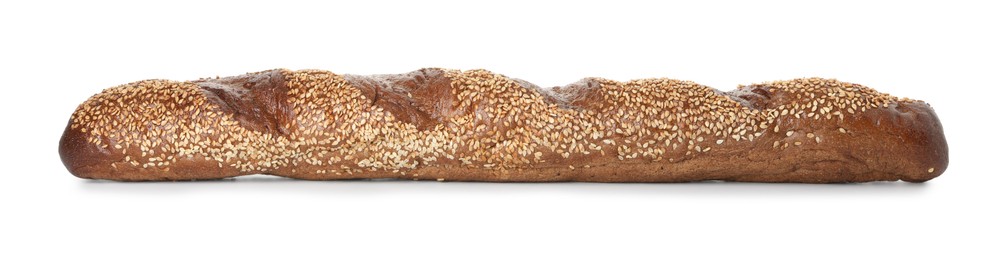 Photo of One fresh baguette with sesame isolated on white