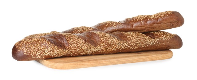 Photo of One fresh baguette with sesame isolated on white