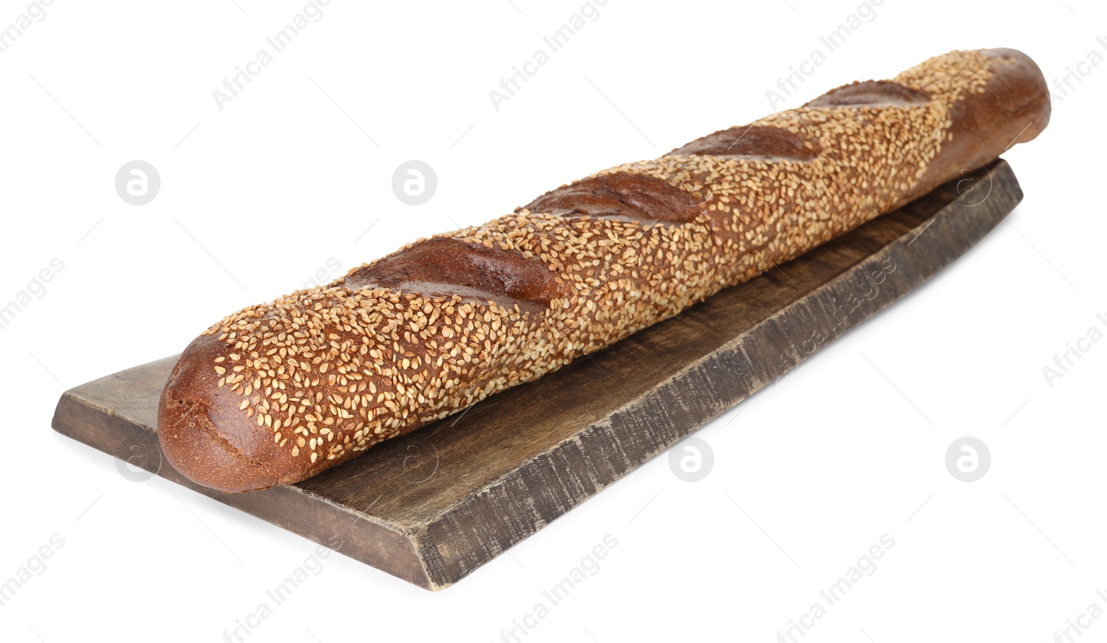 Photo of One fresh baguette with sesame isolated on white