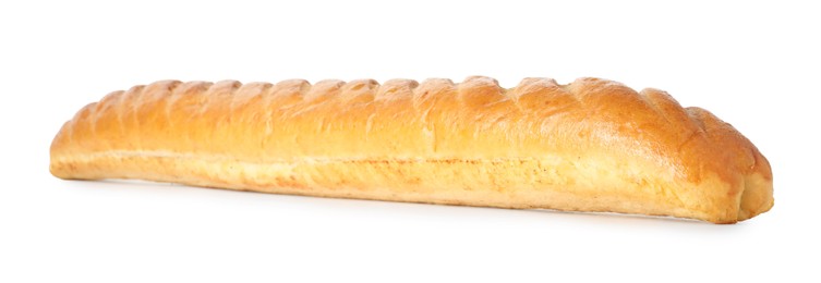 Photo of One freshly baked baguette isolated on white