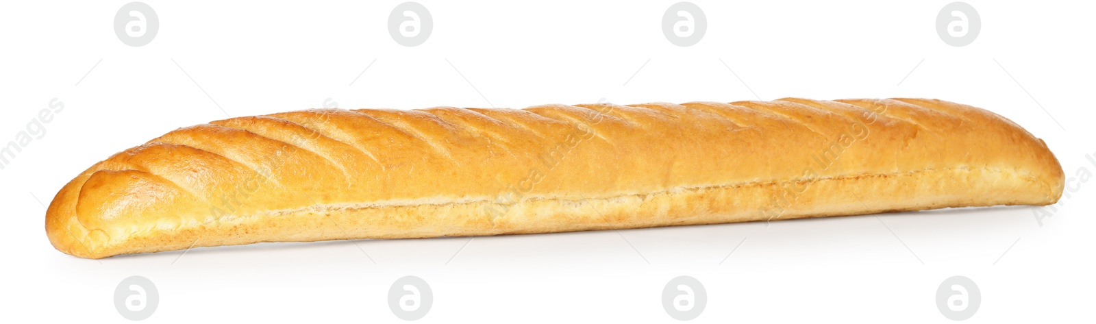 Photo of One freshly baked baguette isolated on white