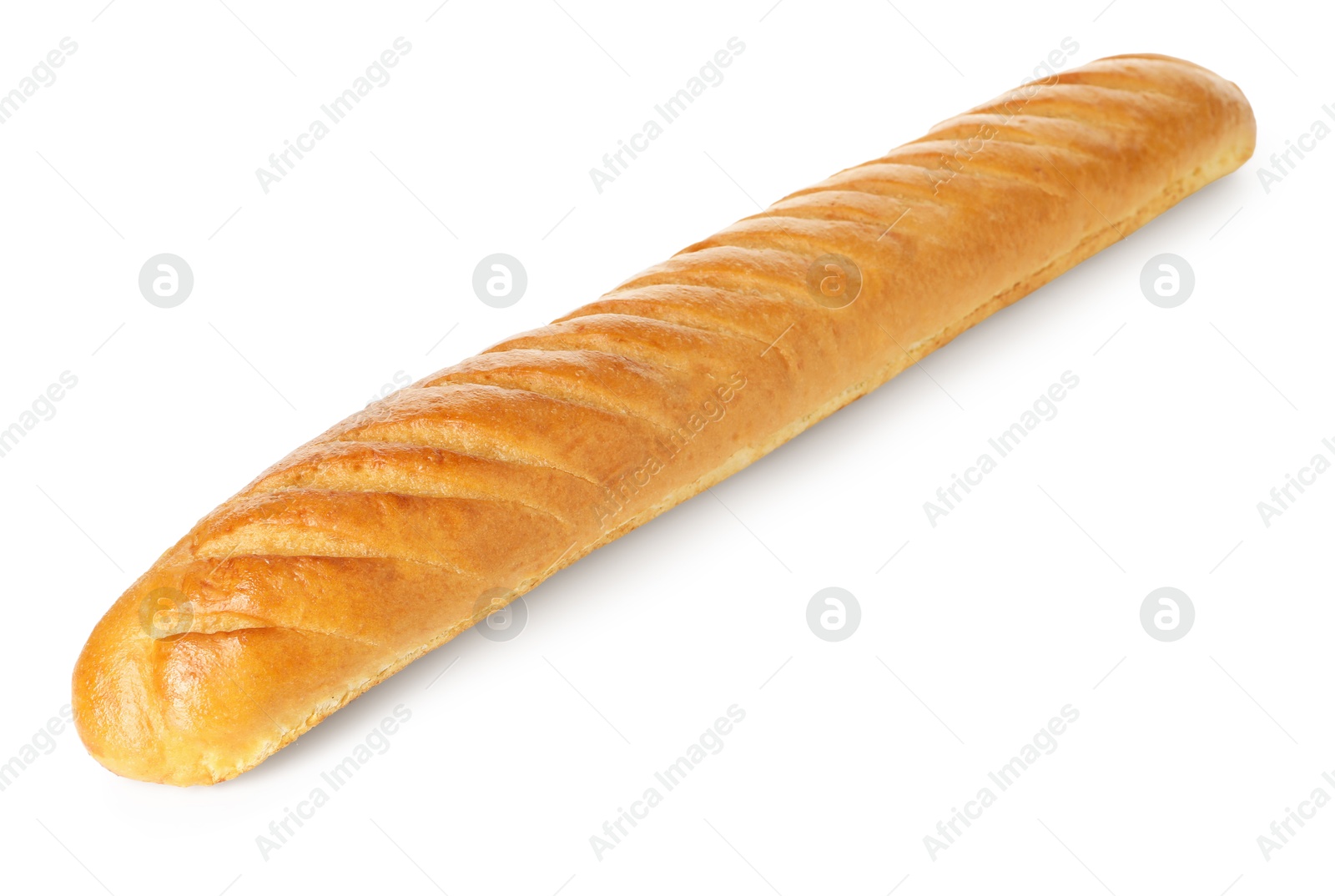 Photo of One freshly baked baguette isolated on white